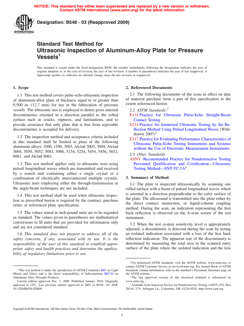 ASTM B548-03(2009) - Standard Test Method for Ultrasonic Inspection of Aluminum-Alloy Plate for Pressure Vessels