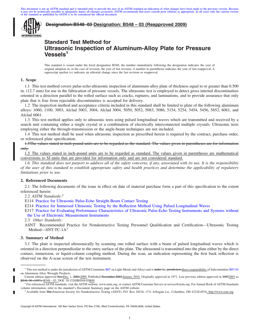 REDLINE ASTM B548-03(2009) - Standard Test Method for Ultrasonic Inspection of Aluminum-Alloy Plate for Pressure Vessels