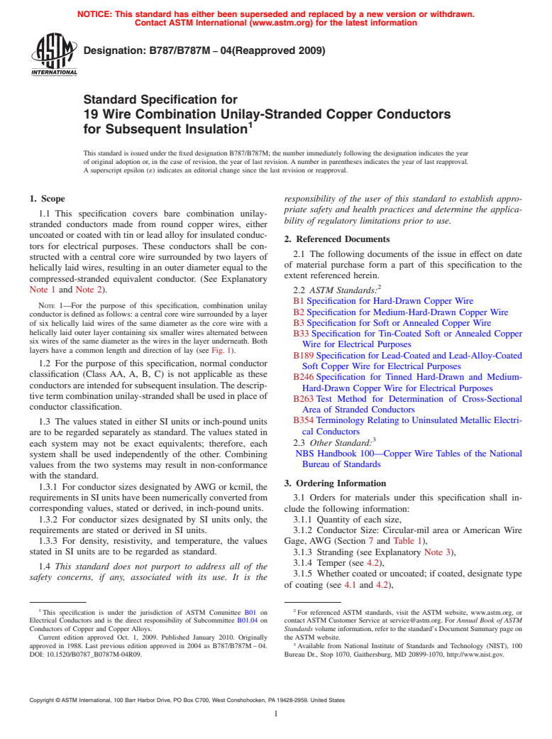 ASTM B787/B787M-04(2009) - Standard Specification for 19 Wire Combination Unilay-Stranded Copper Conductors for Subsequent Insulation