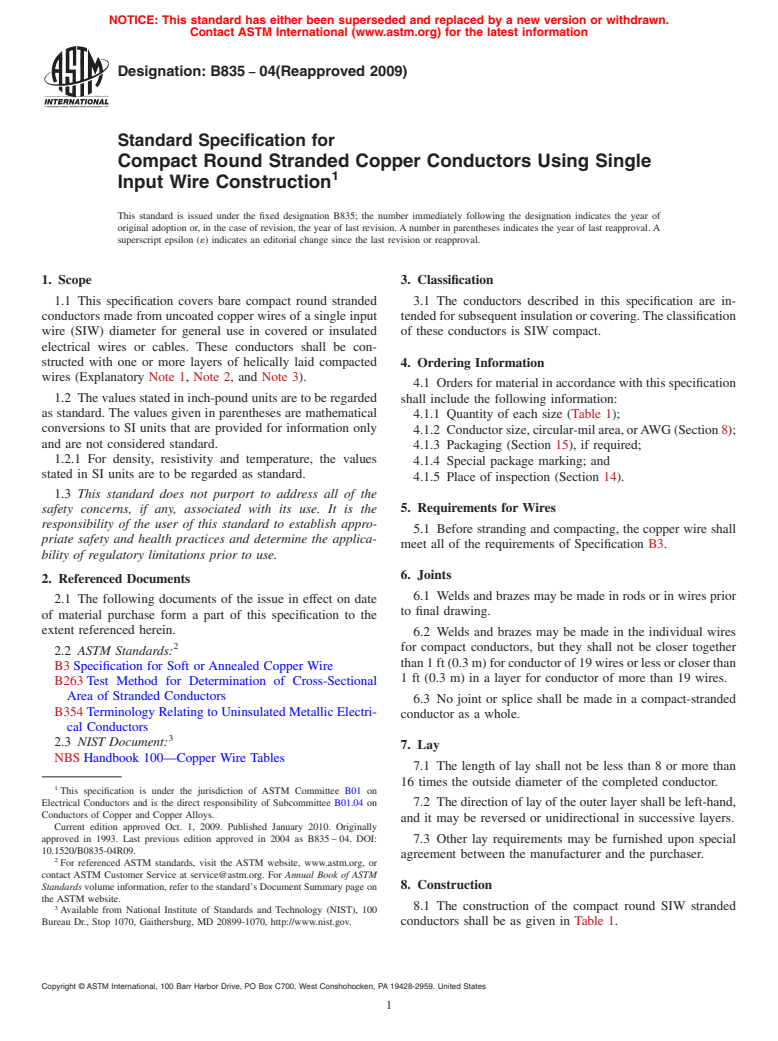 ASTM B835-04(2009) - Standard Specification for Compact Round Stranded Copper Conductors Using Single Input Wire Construction