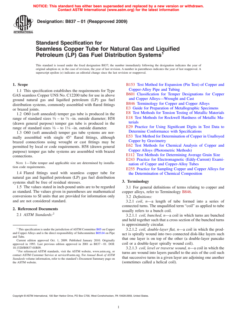 ASTM B837-01(2009) - Standard Specification for Seamless Copper Tube ...