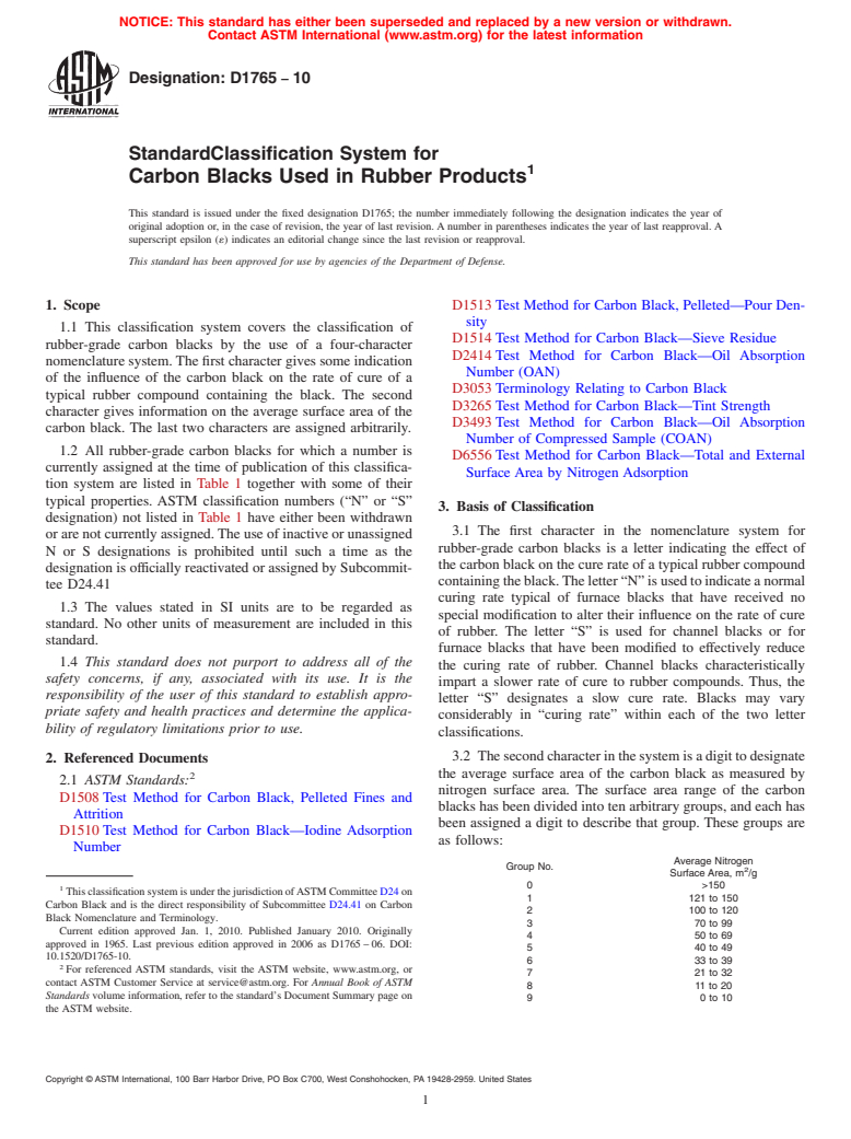 ASTM D1765-10 - Standard Classification System for Carbon Blacks Used in Rubber Products