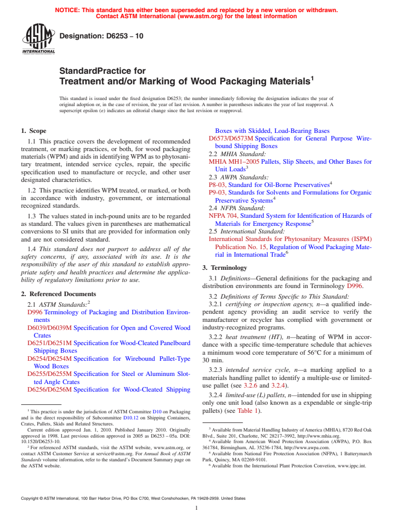 ASTM D6253-10 - Standard Practice for Treatment and/or Marking of Wood Packaging Materials