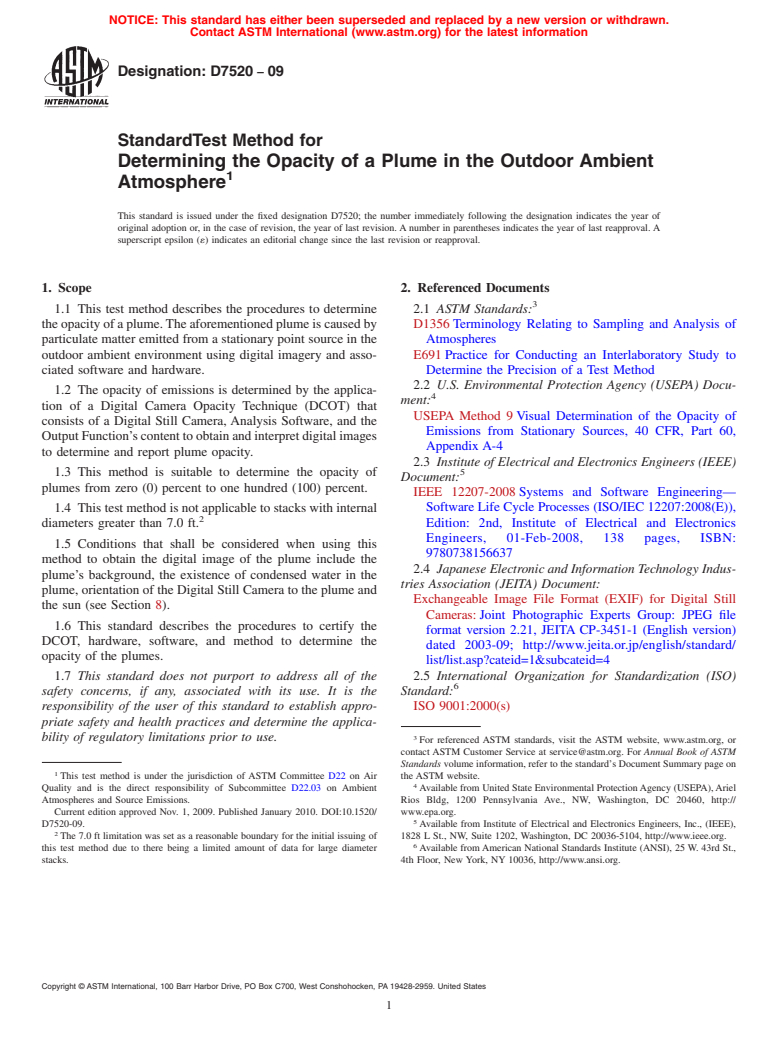 ASTM D7520-09 - Standard Test Method for Determining the Opacity of a Plume in the Outdoor Ambient Atmosphere