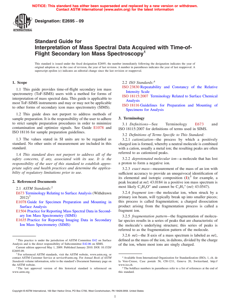 ASTM E2695-09 - Standard Guide for Interpretation of Mass Spectral Data Acquired with Time-of-Flight Secondary Ion Mass Spectroscopy (Withdrawn 2018)