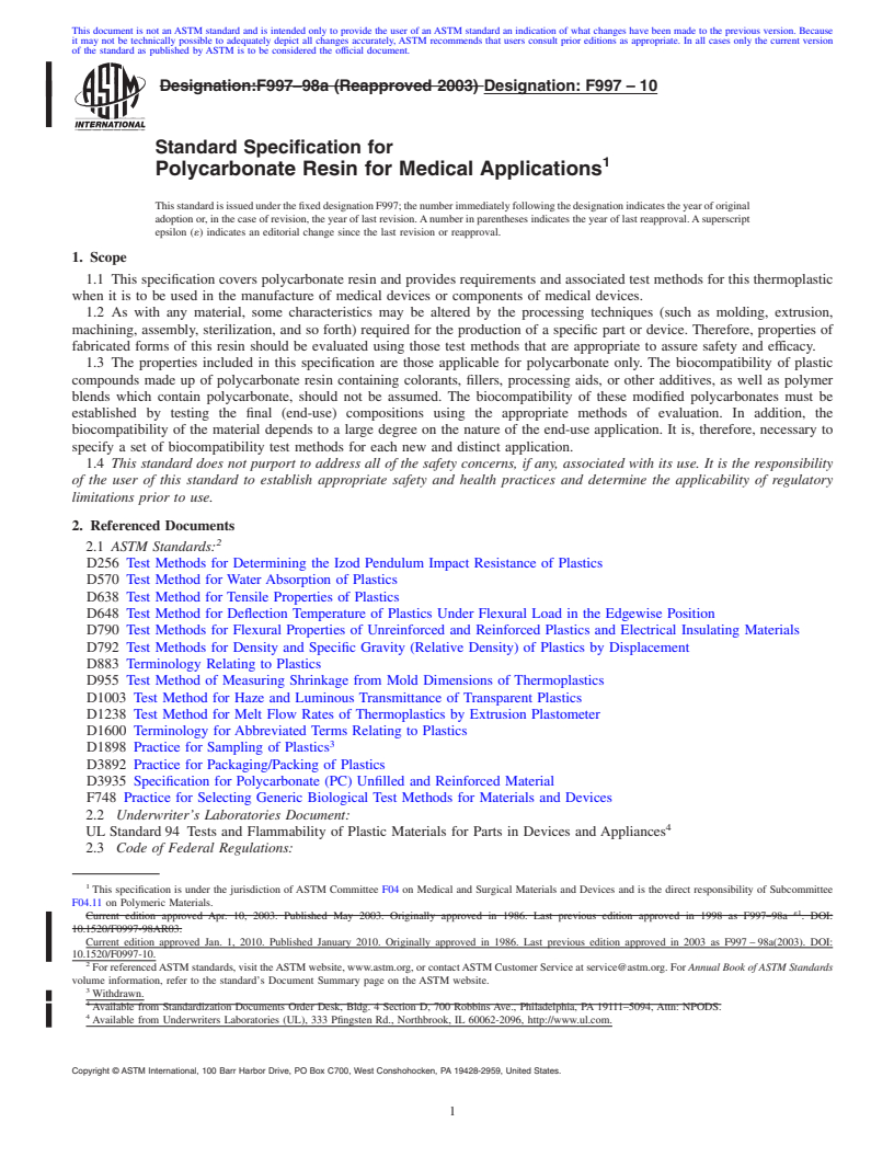 REDLINE ASTM F997-10 - Standard Specification for Polycarbonate Resin for Medical Applications