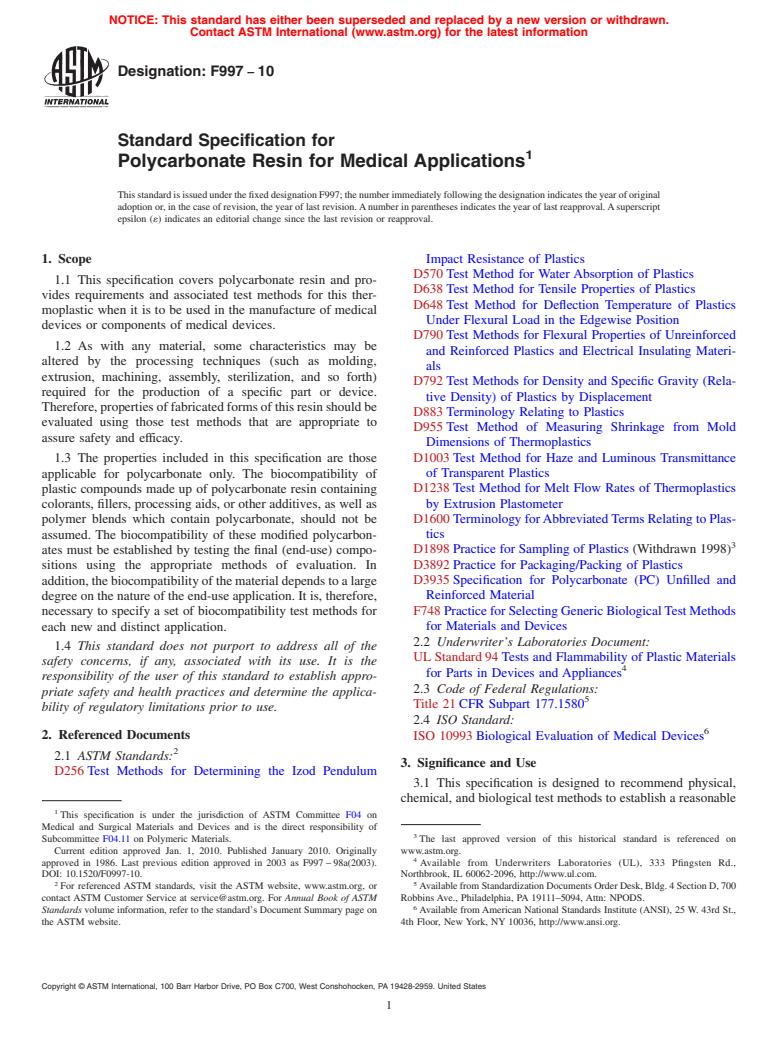 ASTM F997-10 - Standard Specification for Polycarbonate Resin for Medical Applications