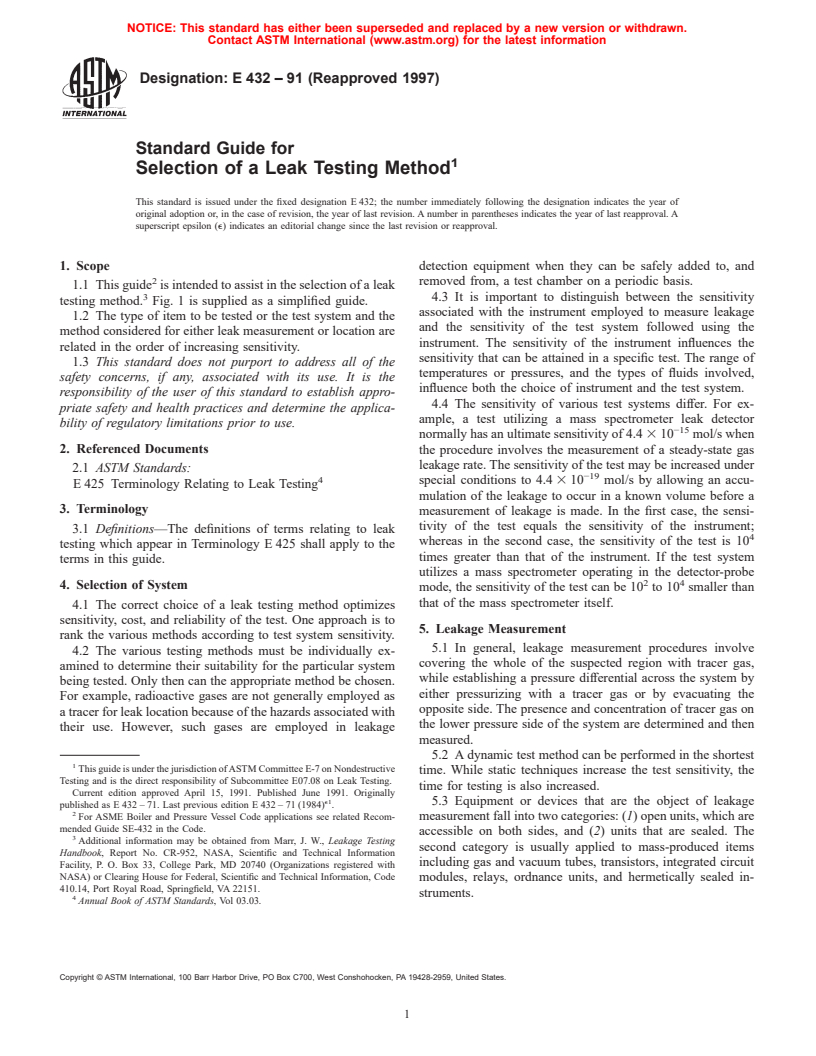 ASTM E432-91(1997) - Standard Guide for Selection of a Leak Testing Method