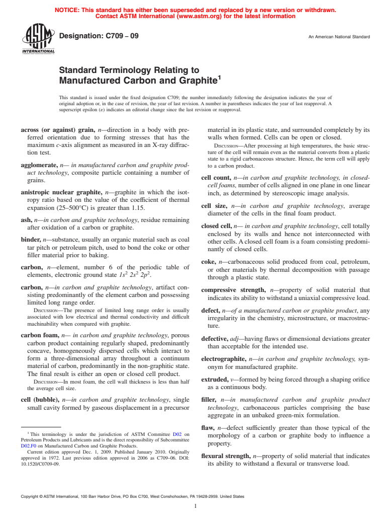 ASTM C709-09 - Standard Terminology Relating to Manufactured Carbon and Graphite (Withdrawn 2017)