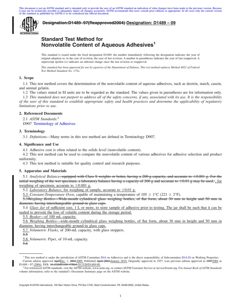 REDLINE ASTM D1489-09 - Standard Test Method for Nonvolatile Content of Aqueous Adhesives