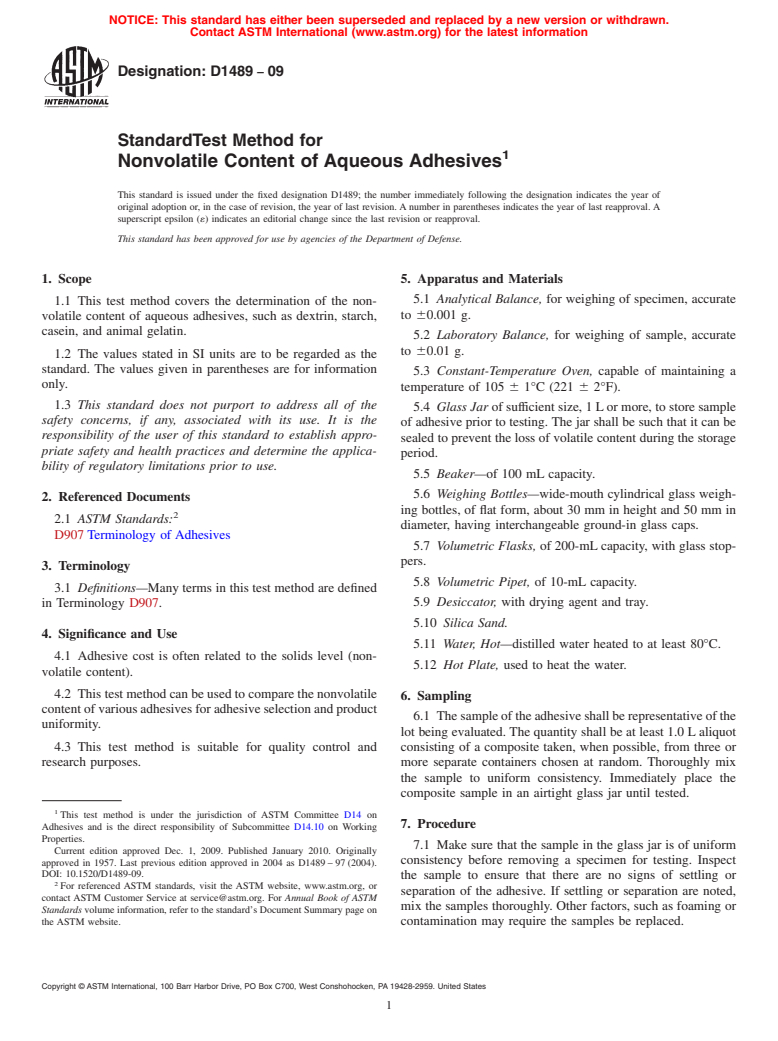 ASTM D1489-09 - Standard Test Method for Nonvolatile Content of Aqueous Adhesives