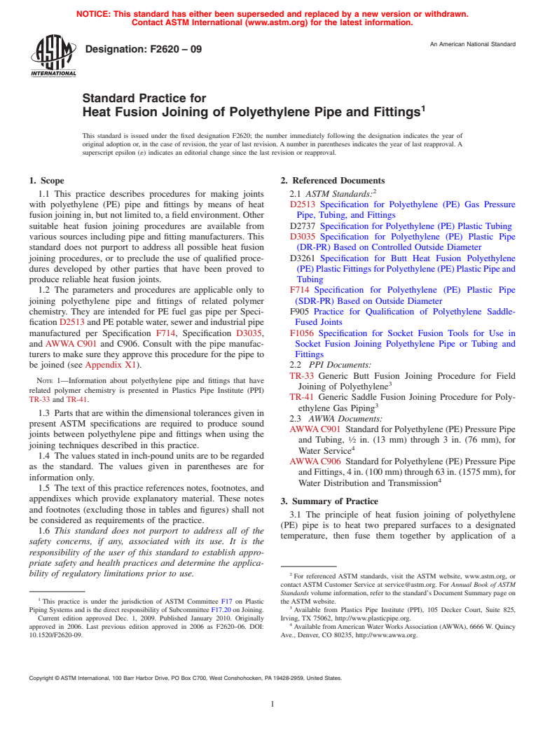 ASTM F2620-09 - Standard Practice for Heat Fusion Joining of Polyethylene Pipe and Fittings