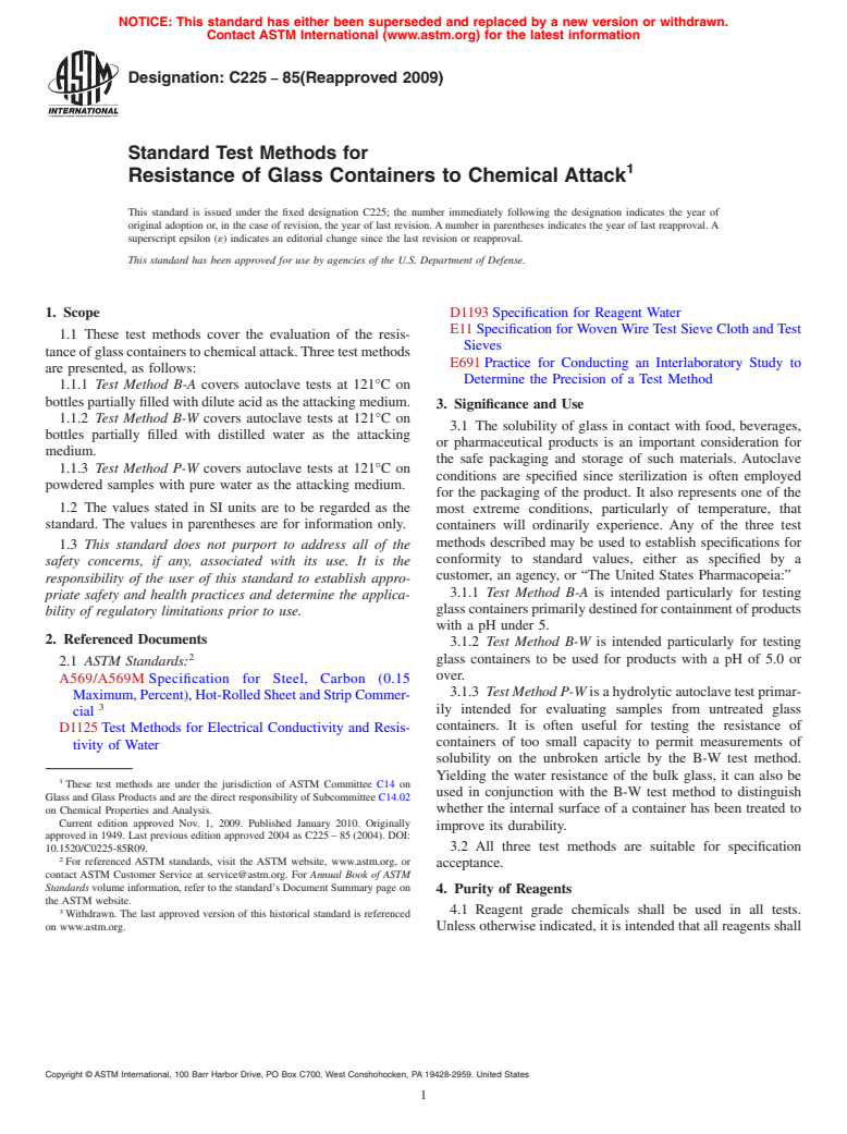 ASTM C225-85(2009) - Standard Test Methods for Resistance of Glass Containers to Chemical Attack