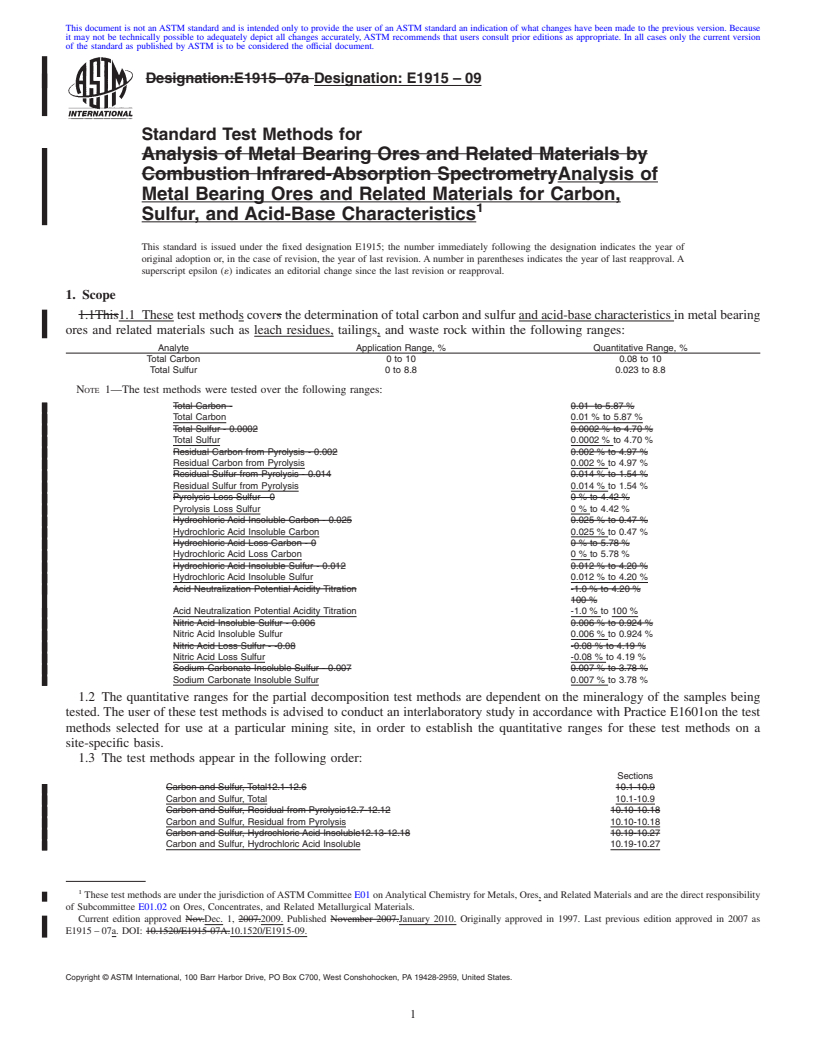 REDLINE ASTM E1915-09 - Standard Test Methods for Analysis of Metal Bearing Ores and Related Materials for Carbon,  Sulfur, and Acid-Base Characteristics