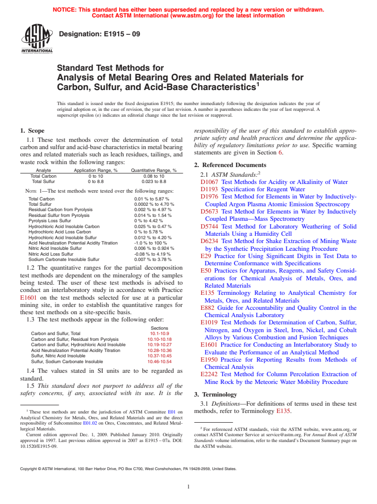 ASTM E1915-09 - Standard Test Methods for Analysis of Metal Bearing Ores and Related Materials for Carbon,  Sulfur, and Acid-Base Characteristics