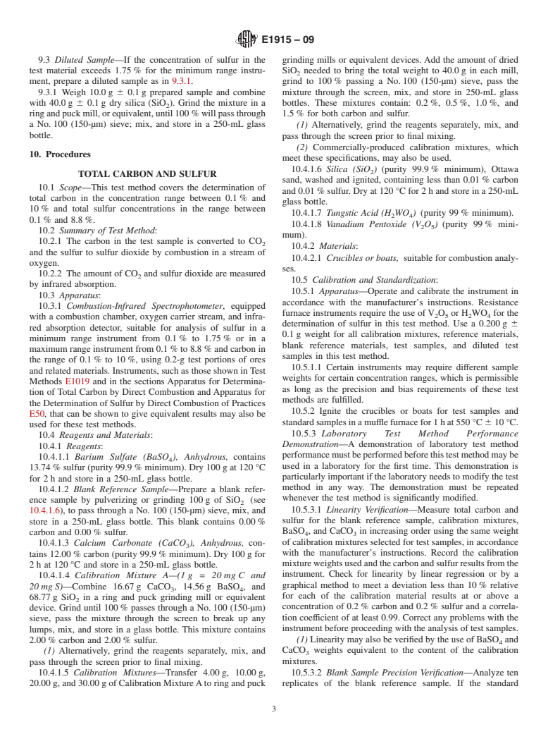 ASTM E1915-09 - Standard Test Methods for Analysis of Metal Bearing Ores and Related Materials for Carbon,  Sulfur, and Acid-Base Characteristics