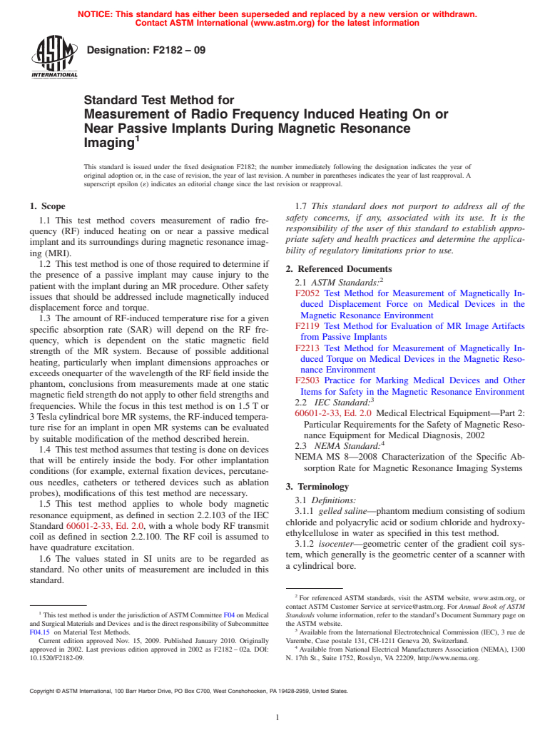 ASTM F2182-09 - Standard Test Method for Measurement of Radio Frequency Induced Heating Near Passive Implants During Magnetic Resonance Imaging