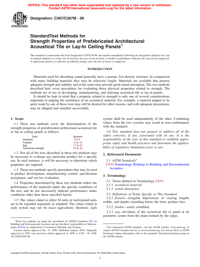 ASTM C367/C367M-09 - Standard Test Methods for Strength Properties of Prefabricated Architectural Acoustical Tile or Lay-In Ceiling Panels