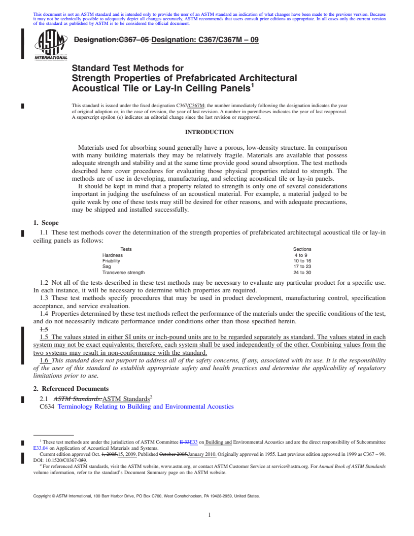 REDLINE ASTM C367/C367M-09 - Standard Test Methods for Strength Properties of Prefabricated Architectural Acoustical Tile or Lay-In Ceiling Panels