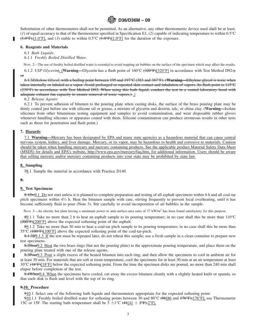 REDLINE ASTM D36/D36M-09 - Standard Test Method for Softening Point of Bitumen (Ring-and-Ball Apparatus)