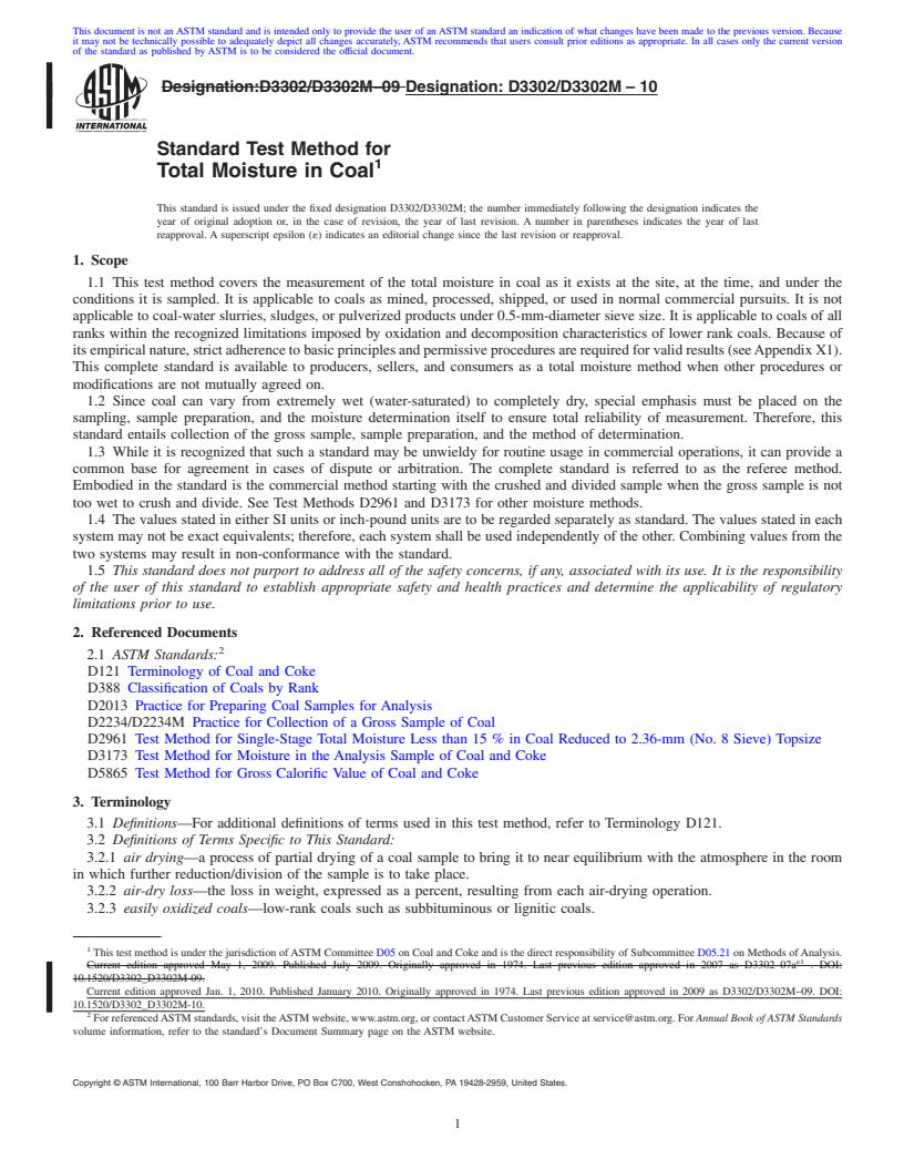 REDLINE ASTM D3302/D3302M-10 - Standard Test Method for Total Moisture in Coal