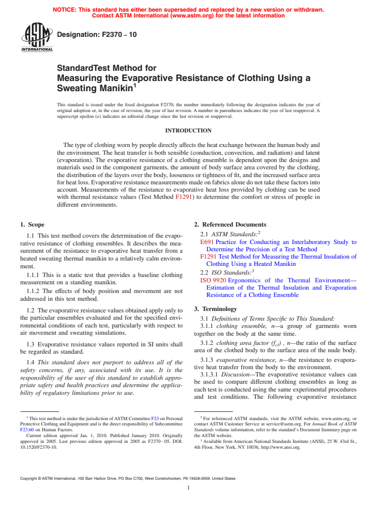 ASTM F2370-10 - Standard Test Method for Measuring the Evaporative Resistance of Clothing Using a Sweating Manikin