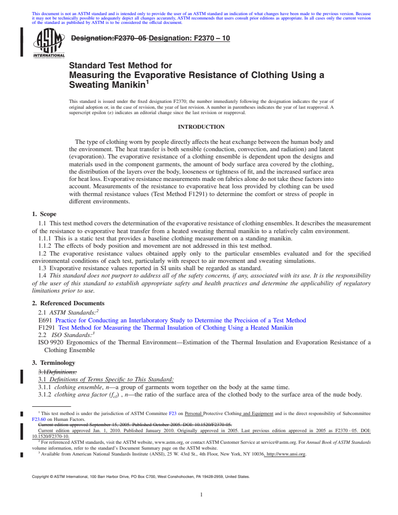 REDLINE ASTM F2370-10 - Standard Test Method for Measuring the Evaporative Resistance of Clothing Using a Sweating Manikin