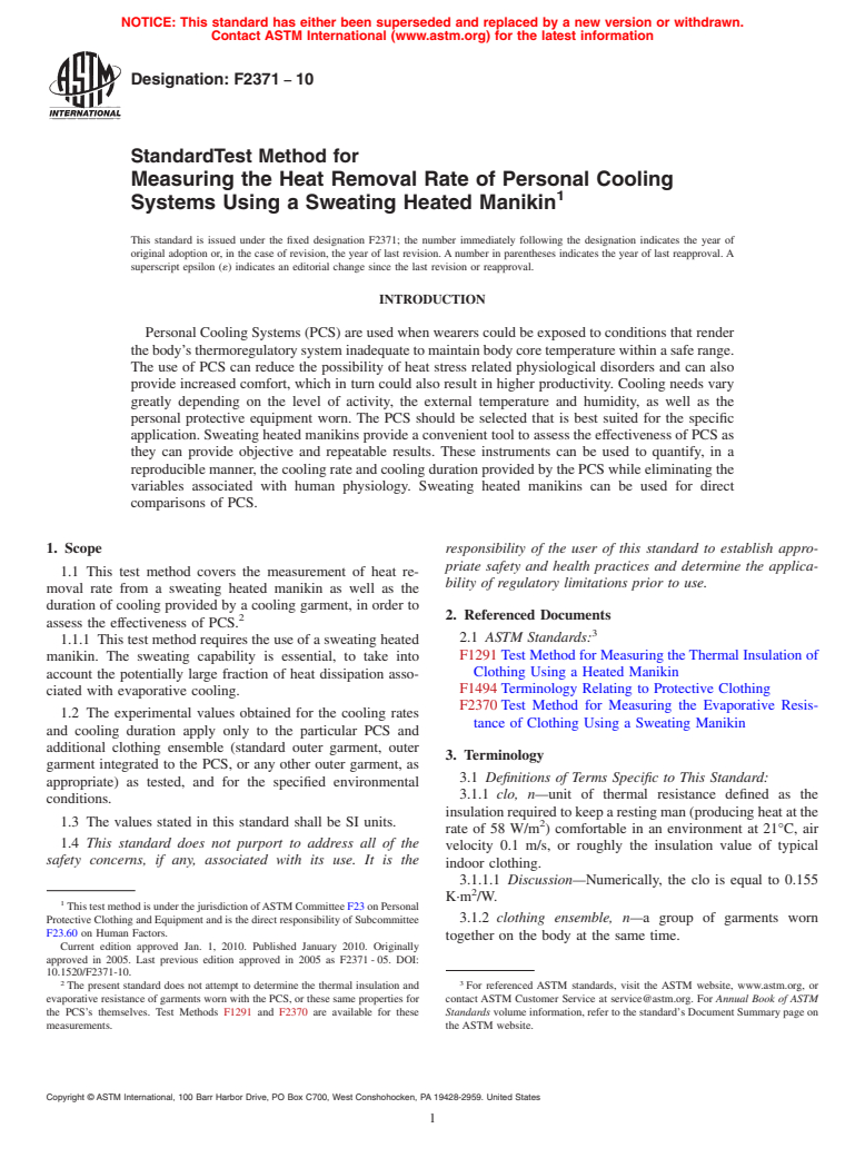 ASTM F2371-10 - Standard Test Method for Measuring the Heat Removal Rate of Personal Cooling Systems Using a Sweating Heated Manikin