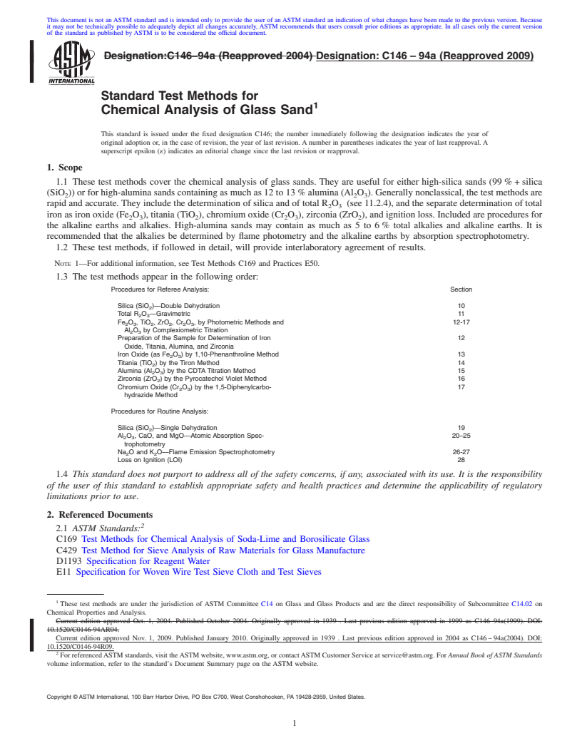 REDLINE ASTM C146-94a(2009) - Standard Test Methods for Chemical Analysis of Glass Sand