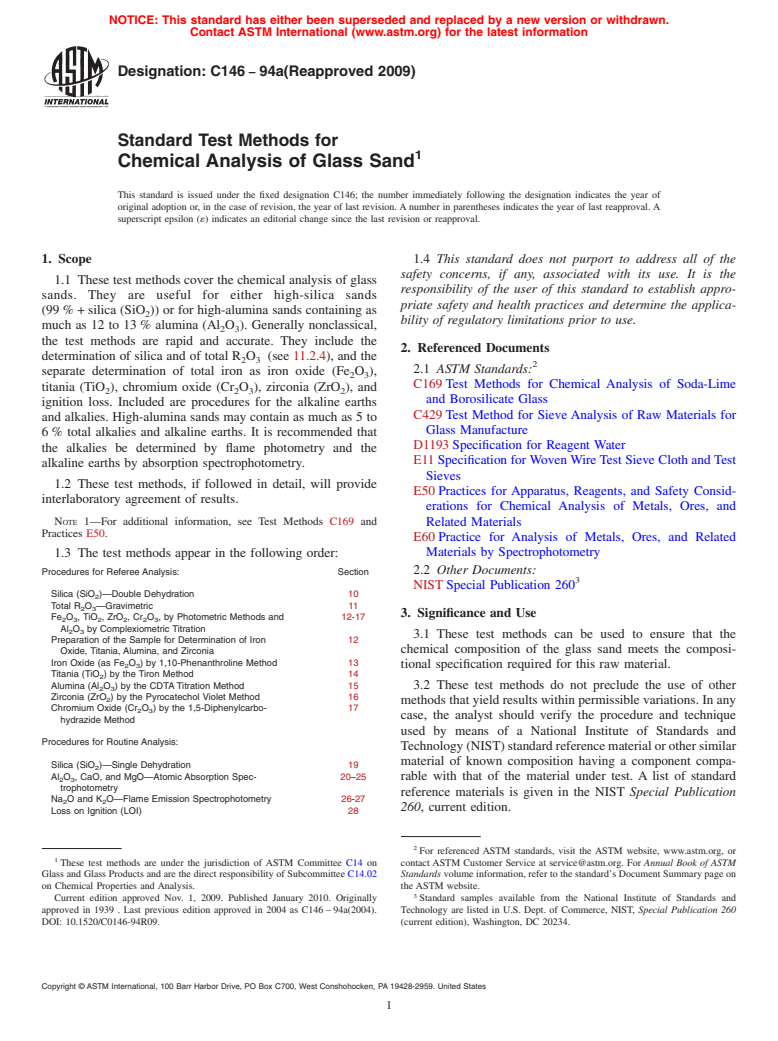 ASTM C146-94a(2009) - Standard Test Methods for Chemical Analysis of Glass Sand