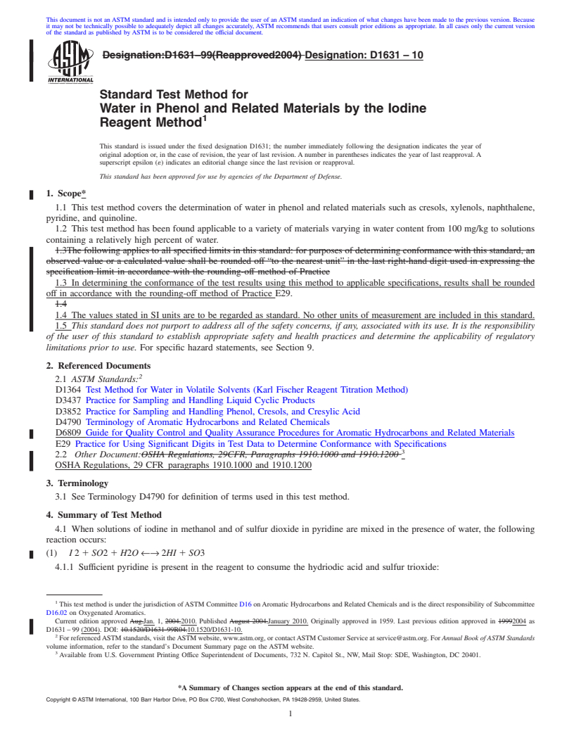 REDLINE ASTM D1631-10 - Standard Test Method for Water in Phenol and Related Materials by the Iodine Reagent Method