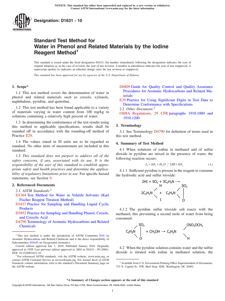 ASTM D1631-10 - Standard Test Method for Water in Phenol and Related Materials by the Iodine Reagent Method