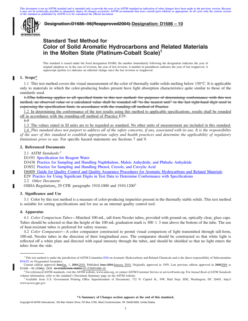 REDLINE ASTM D1686-10 - Standard Test Method for Color of Solid Aromatic Hydrocarbons and Related Materials in the Molten State (Platinum-Cobalt Scale)