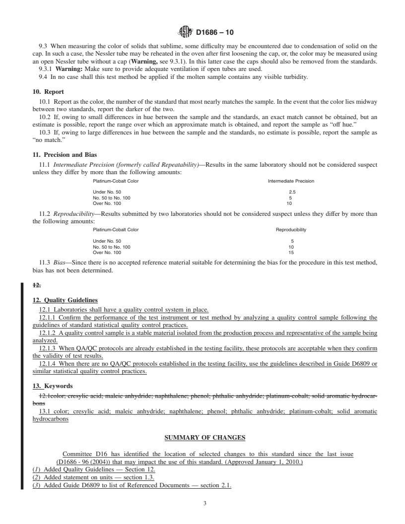 REDLINE ASTM D1686-10 - Standard Test Method for Color of Solid Aromatic Hydrocarbons and Related Materials in the Molten State (Platinum-Cobalt Scale)