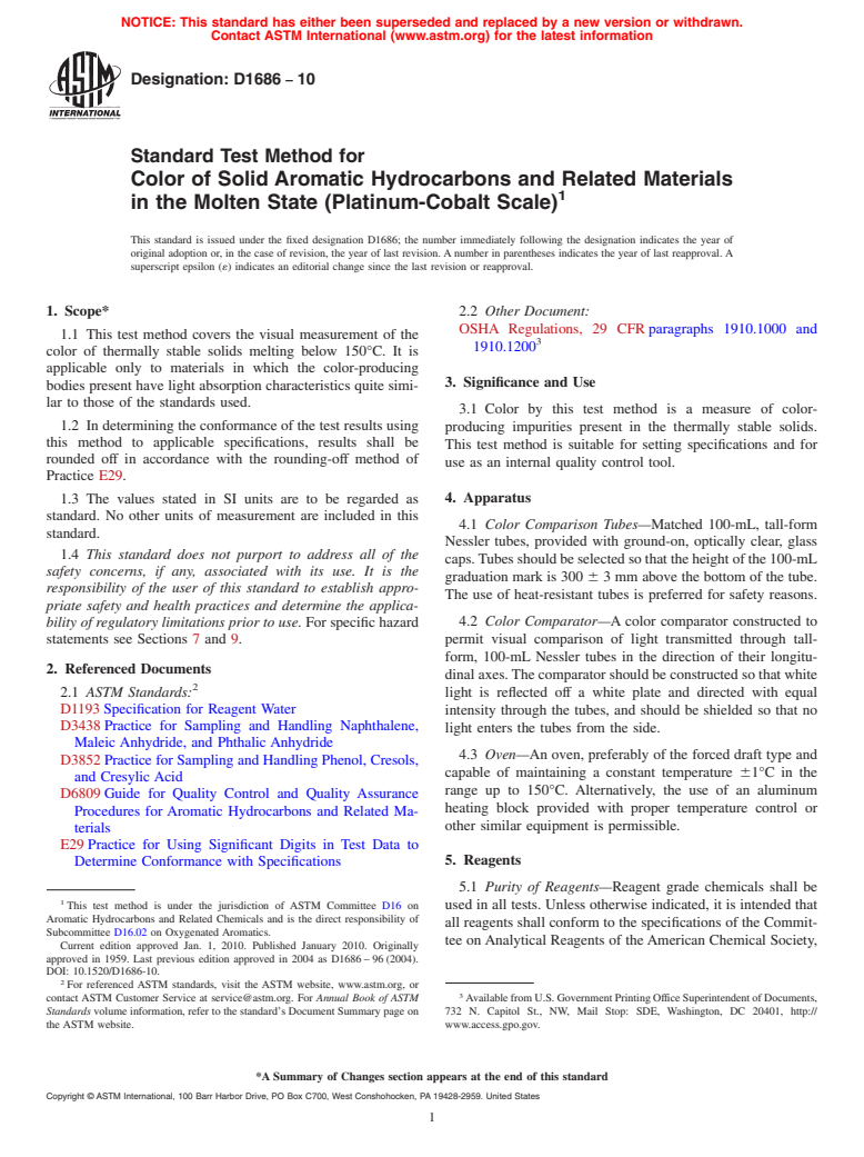 ASTM D1686-10 - Standard Test Method for Color of Solid Aromatic Hydrocarbons and Related Materials in the Molten State (Platinum-Cobalt Scale)