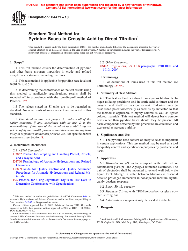 ASTM D4471-10 - Standard Test Method for Pyridine Bases in Cresylic Acid by Direct Titration