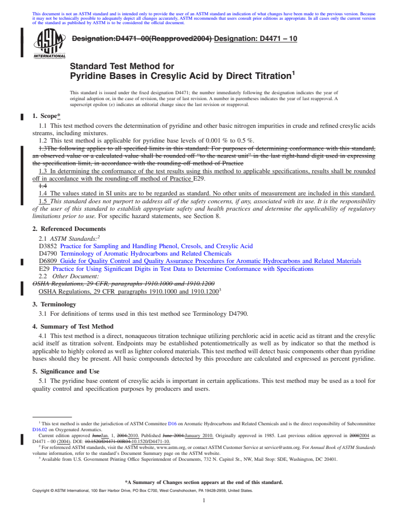 REDLINE ASTM D4471-10 - Standard Test Method for Pyridine Bases in Cresylic Acid by Direct Titration