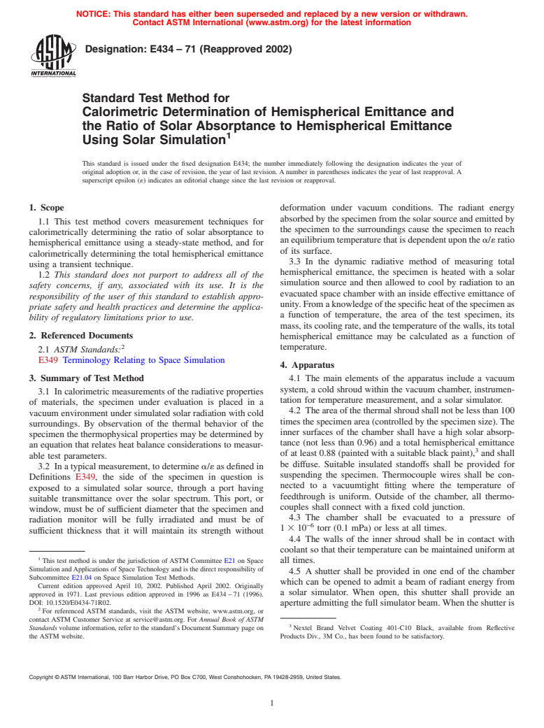 ASTM E434-71(2002) - Standard Test Method for Calorimetric Determination of Hemispherical Emittance and the Ratio of Solar Absorptance to Hemispherical Emittance Using Solar Simulation