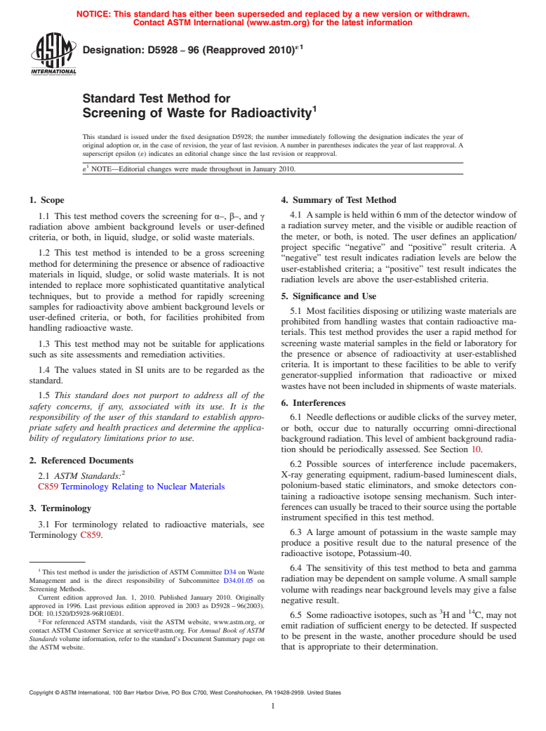 ASTM D5928-96(2010)e1 - Standard Test Method for Screening of Waste for Radioactivity