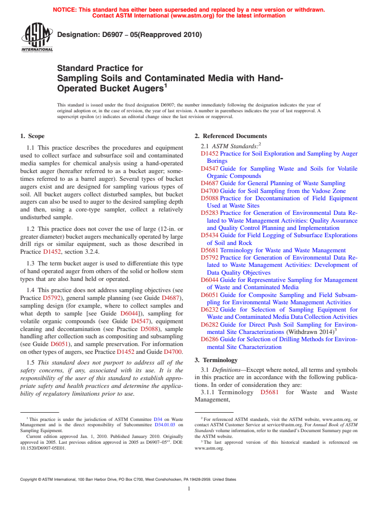 ASTM D6907-05(2010) - Standard Practice for Sampling Soils and Contaminated Media with Hand-Operated Bucket Augers