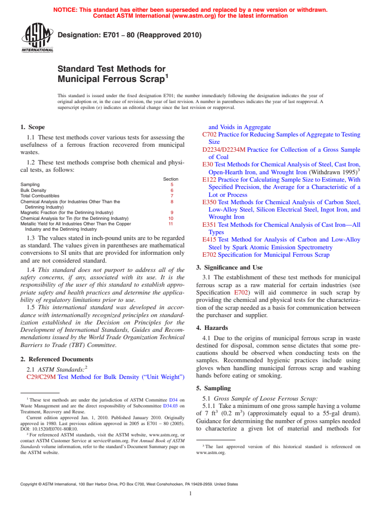 ASTM E701-80(2010) - Standard Test Methods for Municipal Ferrous Scrap