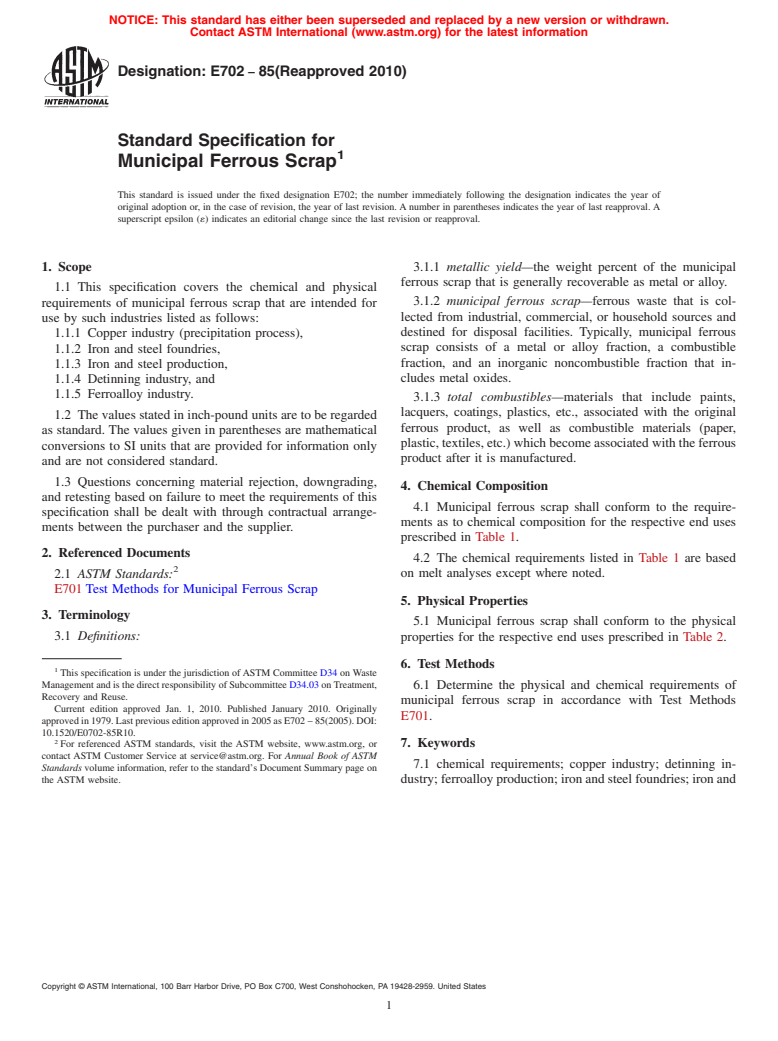 ASTM E702-85(2010) - Standard Specification for Municipal Ferrous Scrap