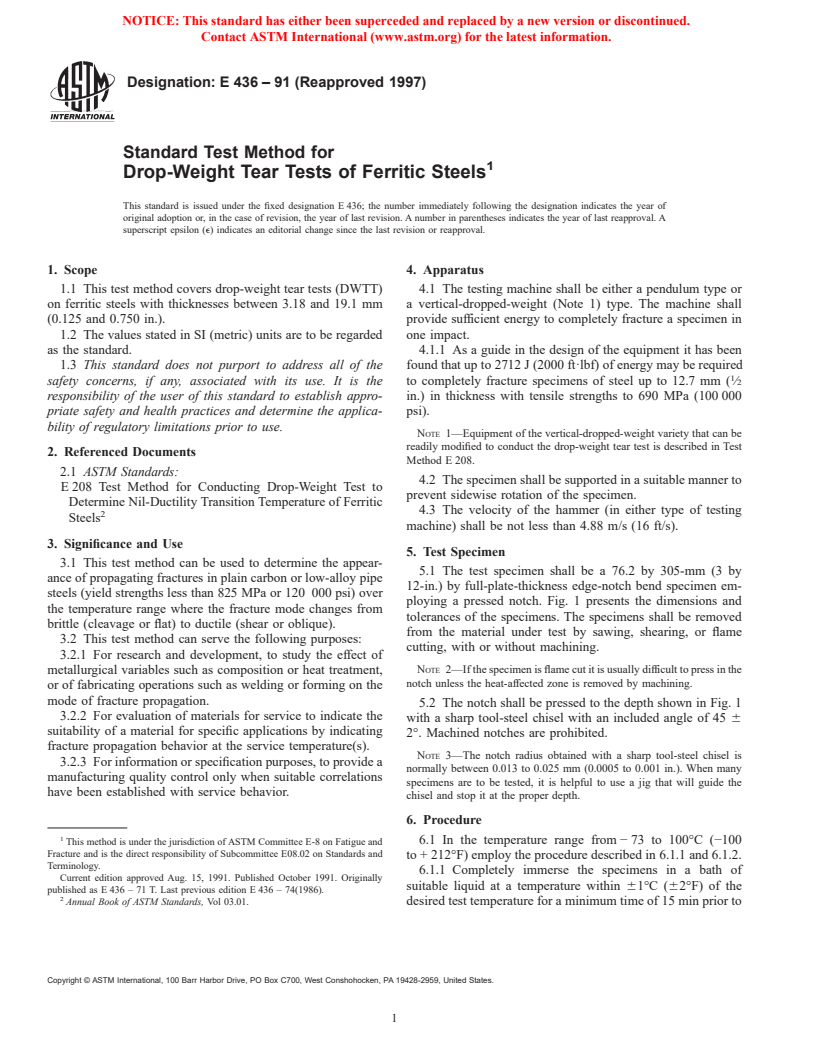 ASTM E436-91(1997) - Standard Test Method for Drop-Weight Tear Tests of Ferritic Steels