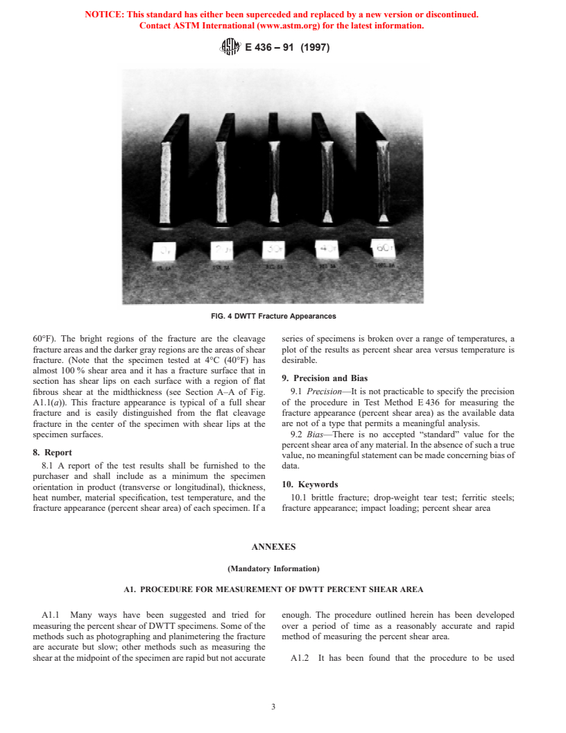 ASTM E436-91(1997) - Standard Test Method for Drop-Weight Tear Tests of Ferritic Steels