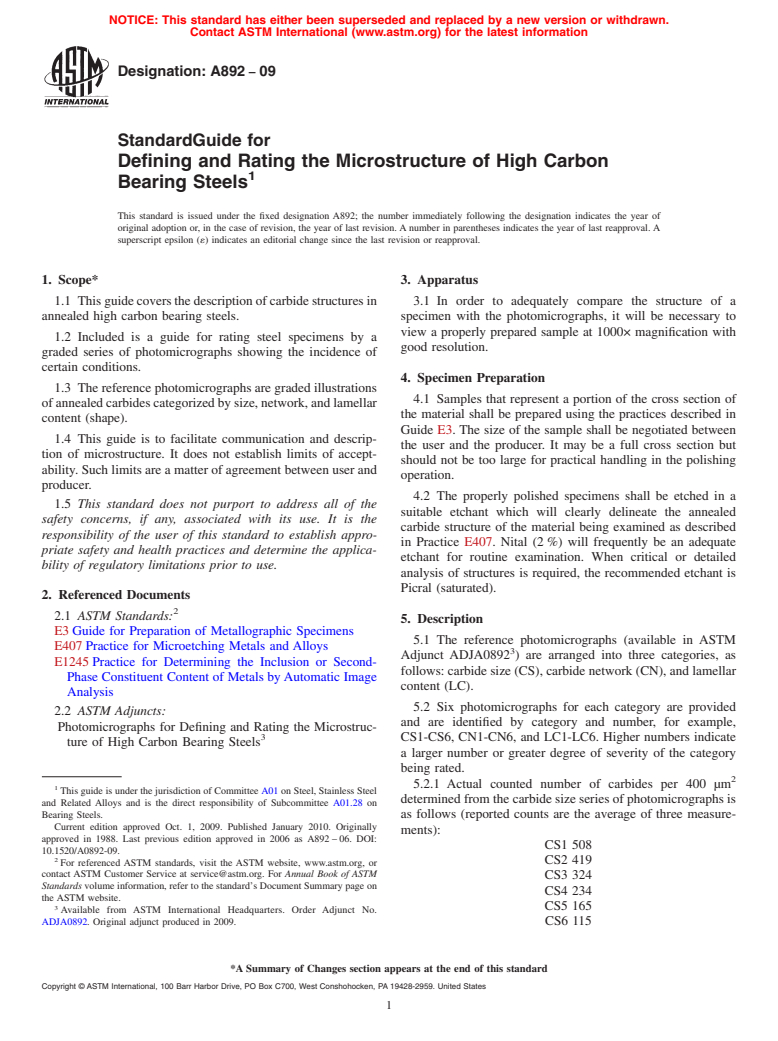 ASTM A892-09 - Standard Guide for Defining and Rating the Microstructure of High Carbon Bearing Steels