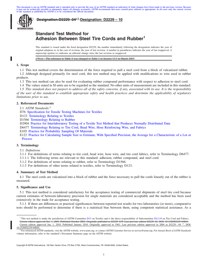 REDLINE ASTM D2229-10 - Standard Test Method for Adhesion Between Steel Tire Cords and Rubber