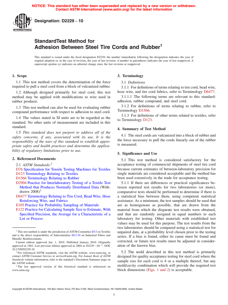 ASTM D2229-10 - Standard Test Method for Adhesion Between Steel Tire Cords and Rubber