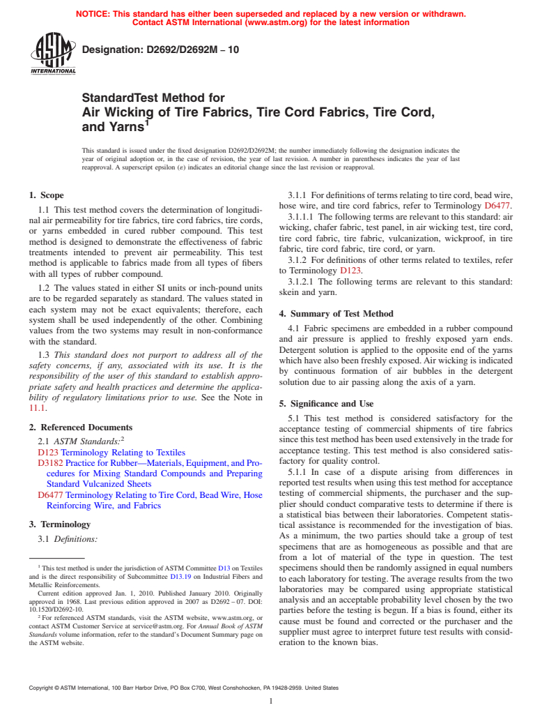 ASTM D2692/D2692M-10 - Standard Test Method for Air Wicking of Tire Fabrics, Tire Cord Fabrics, Tire Cord, and Yarns