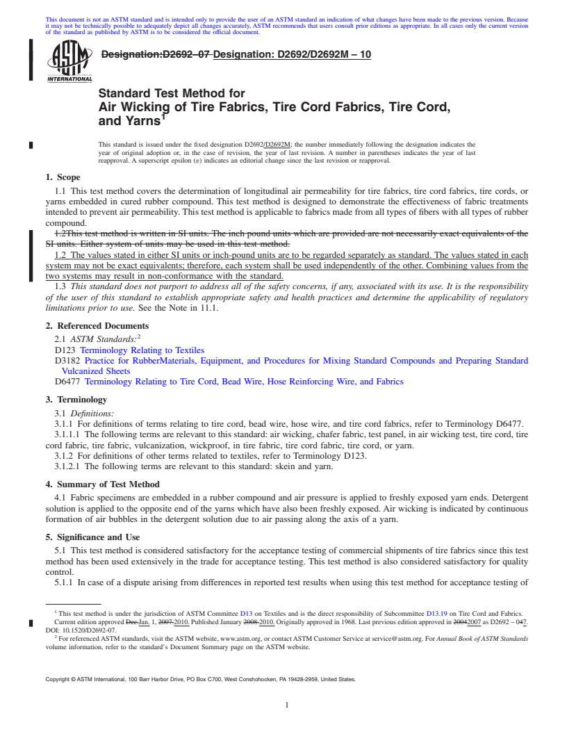 REDLINE ASTM D2692/D2692M-10 - Standard Test Method for Air Wicking of Tire Fabrics, Tire Cord Fabrics, Tire Cord, and Yarns