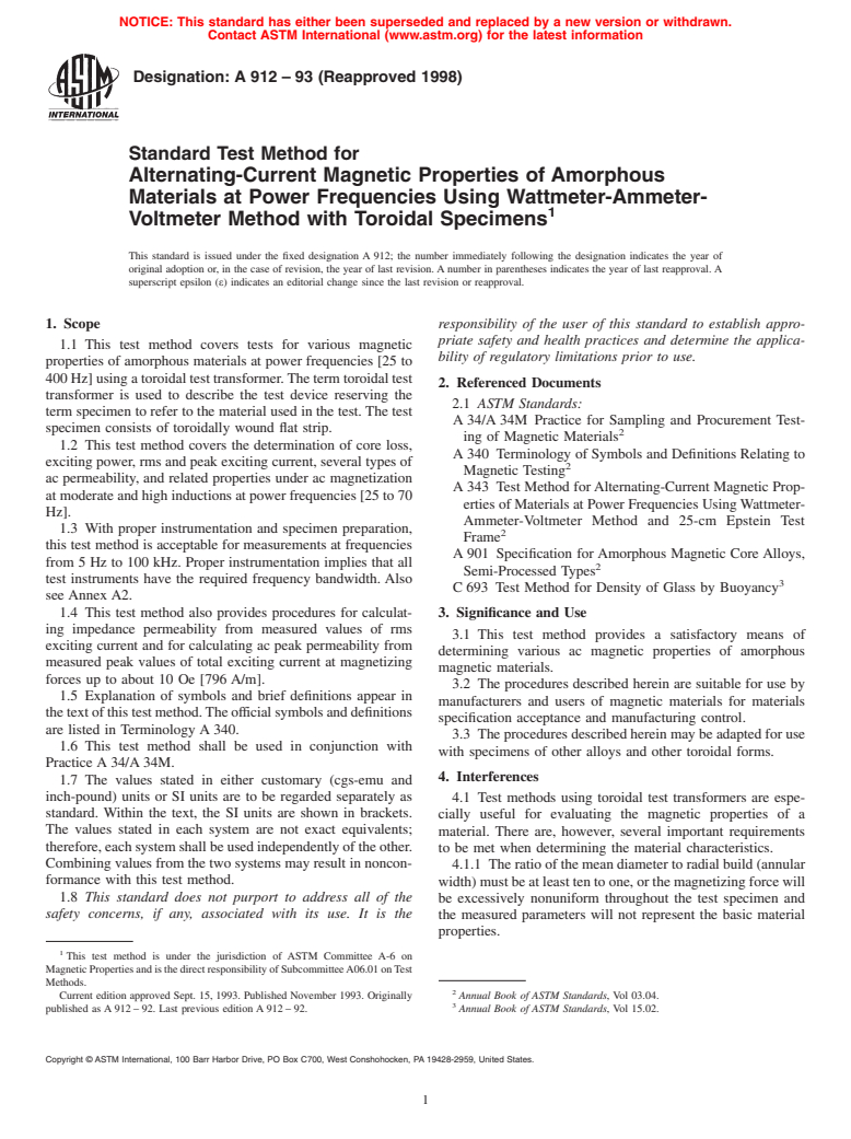 ASTM A912-93(1998) - Standard Test Method for Alternating-Current Magnetic Properties of Amorphous Materials at Power Frequencies Using Wattmeter-Ammeter-Voltmeter Method with Toroidal Specimens